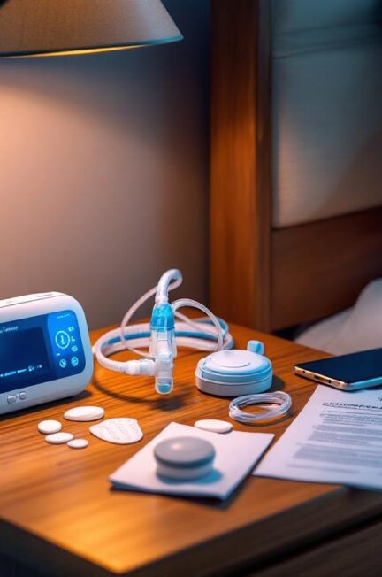 Kit de test d'apnée du sommeil posé sur un chevet en bois : boîtier compact, cannule nasale et capteurs adhésifs, notice pliée et smartphone à côté, lumière chaude de lampe de chevet avec légers rayons volumétriques, ambiance réaliste et ordonnée.