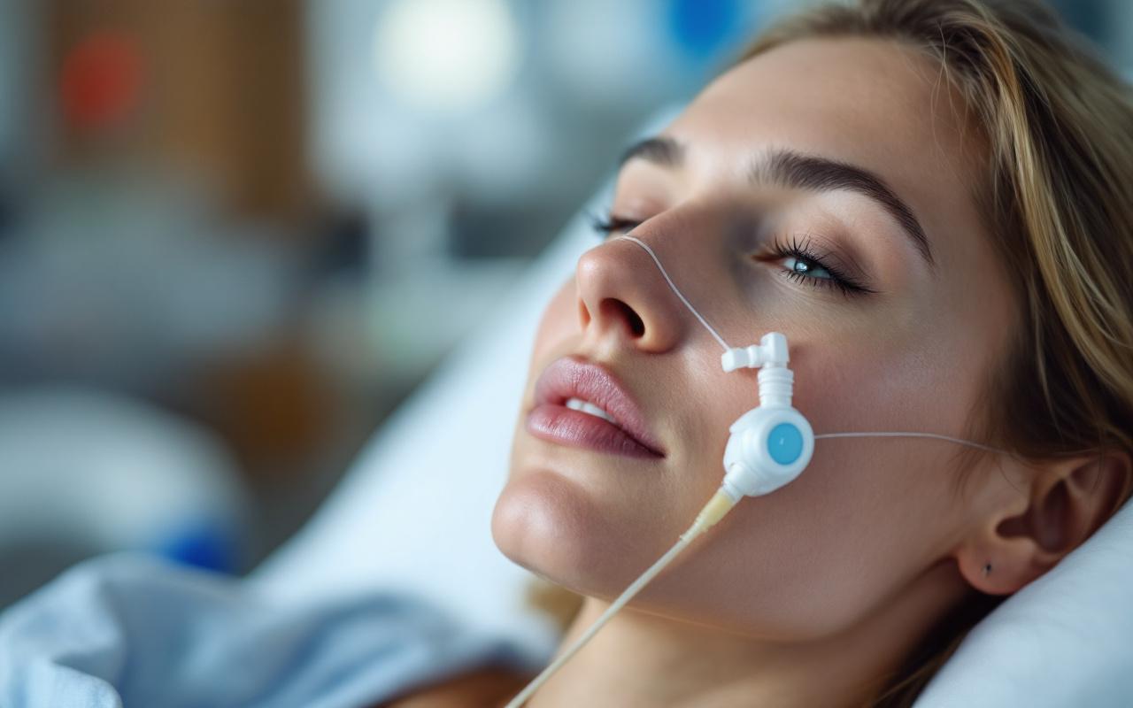 Patient portant une canule nasale et un oxymètre de pouls, assis dans un lit d'hôpital, visage calme, lumière douce et volumétrique, arrière-plan clinique flou.