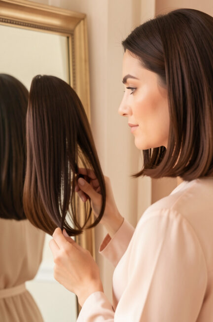 Illustration réaliste et élégante d’une femme devant un miroir, comparant plusieurs longueurs de coupe au carré dans une lumière douce.