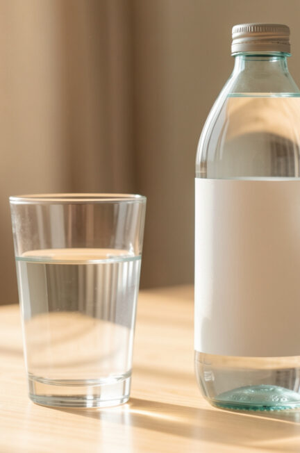 Verre d’eau claire posé sur une table en bois clair, accompagné d’une bouteille d’eau minérale à étiquette vierge, dans une ambiance douce et apaisante.