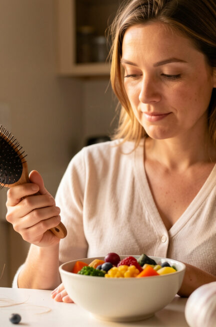Une femme observe calmement quelques cheveux sur une brosse, à côté d’un bol d’aliments riches en nutriments.