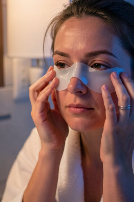 Femme appliquant un masque frais sur le contour de ses yeux dans une salle de bains éclairée le soir.