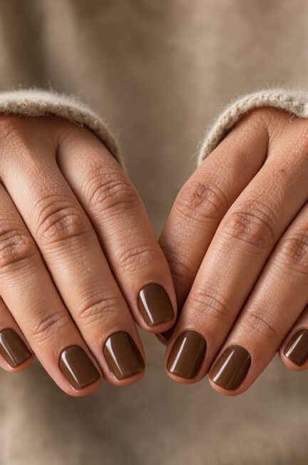Gros plan éditorial de mains féminines aux ongles courts vernis marron chocolat brillant, posées sur un pull beige dans une douce lumière automnale.
