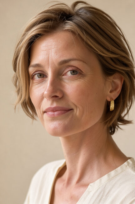 Portrait beauté d’une femme aux cheveux fins portant une coupe bixie courte et volumineuse, éclairée par une lumière naturelle douce sur un fond beige neutre.